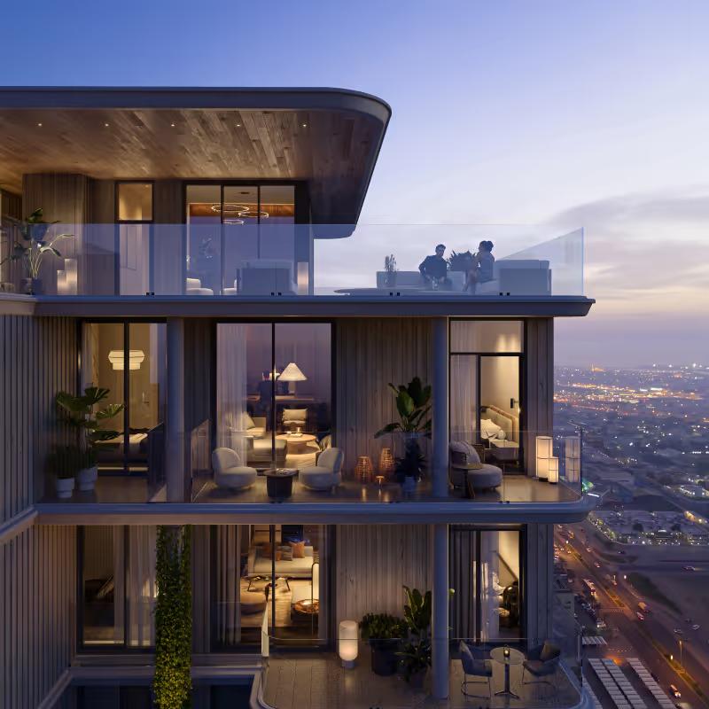 Rooftop terrace at dusk with skyline views