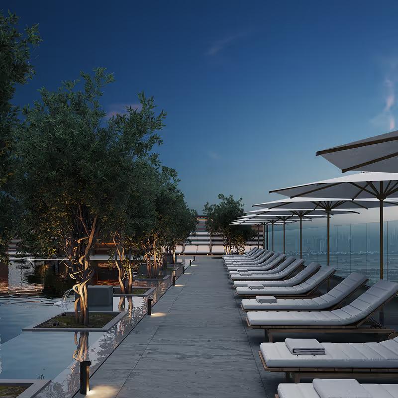Rooftop pool deck at dusk